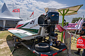 Rear view of a racing boat on land before an F1 Powerboat race in Dique Frontal, Termas de Rio Hondo, Argentina.