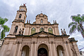 The upper facade of the Basilica of San Francisco in San Salvador de Jujuy, Argentina.