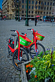 Parked Lime rental bikes in Prague