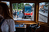 Historic Tram Line 41, restored from 1930, with real tram conductor, Prague