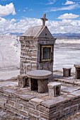 A small shrine built from blocks of salt at the Salinas Grandes salt flats on the altiplano in northwest Argentina.