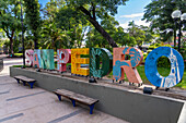 The coloful town sign for San Pedro de Jujuy in the Plaza General Manuel Belgrano. San Pedro de Jujuy, Argentina.