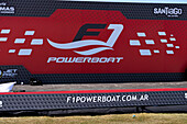 The stage for an upcoming F1 Powerboat race at Dique Frontal in Termas de Rio Hondo, Argentina.