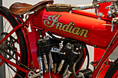 Detail of a custom-built 1912 Indian motorcycle replica in the Automobile Museum of Termas de Rio Hondo, Argentina.