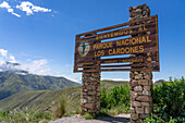 Sign at the east entrance of Los Cardones National Park on Route 33 in Salta Province, Argentina.