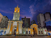 The exterior of the Cathedral of San Salvador de Jujuy, Argentina, lighted at night.