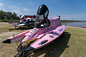 Racing boats on land before an F1 Powerboat race in Dique Frontal, Termas de Rio Hondo, Argentina.