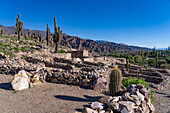 Partially reconstructed ruins in the Pucara of Tilcara, a pre-Hispanic archeological site near Tilcara, Humahuaca Valley, Argentina.