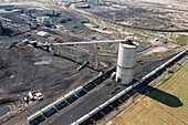 Aerial view of the the Savage Energy Terminal, a coal transfer facility in Price, Utah. Coal is brought from the minesby truck and transferred to rail cars