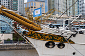 Detail view of the bow & figurehead of the ARA Presidente Sarmiento, a museum ship in Puerto Madero, Buenos Aires, Argentina. The Argenine naval jack is also shown.