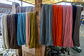 Skeins of different colors of dyed llama wool yarn at Hilandería Warmi, a weaving mill in Palpalá, Argentina.