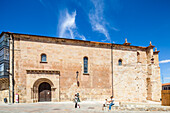 Soria, Spain, Aug 13 2009, Visitors admire the historic Church of Santa Maria la Mayor in Soria, Spain, surrounded by beautiful architecture on a bright day.