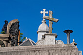 Crosses on elaborate tombs or mausoleums in the Recoleta Cemetery, Buenos Aires, Argentina.