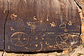 A pre-Hispanic Native American rock art or petroglyph panel in Daddy's Canyon, a tributary of Nine Mile Canyon, Utah.