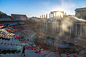 Merida, Spain, Aug 15 2024, View of the ancient Roman Theatre in Merida, Spain, as it is readied for a cultural performance showcasing historical architecture and vibrant local culture.