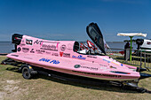 Racing boat on land before an F1 Powerboat race in Dique Frontal, Termas de Rio Hondo, Argentina.