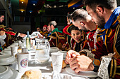 Traditional lunch at The Festival of Saint John of Sobrado, also known as Bugiada and Mouriscada de Sobrado, takes place in the form of a fight between Moors and Christians , locally known as Mourisqueiros and Bugios, Sao Joao de Sobrado, Portugal