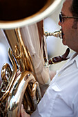 Seville, Spain, June 11 2009, The Maestro Tejera Brass Band entertains passersby with vibrant melodies in Alameda de Hercules square, Seville, Spain.