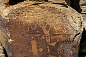 Anthropomorphic figures on a pre-Hispanic Fremont Amerindian rock art panel in Nine Mile Canyon, Utah.