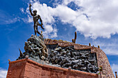 Monument to the Heros of lndependence in Humahuaca in the Humahuaca Valley or Quebrada de Humahuaca, Argentina. The single statue on the monument depicts an indigenous man.