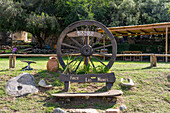 A wooden wagon wheel sign at the Bodega and Finca las Nubes, a winery and vineyard near Cafayate, Argentina.