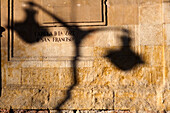 A streetlamp casts its shadow on the beautiful wall of the San Francisco church in Salamanca, creating an interesting visual effect.