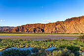 Wetlands along the Calchaqui River in sunset light in the Calchaqui Valley of Salta Province, Argentina.