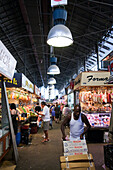 Barcelona, Spain, Sept 4 2008, Visitors browse fresh produce and local delicacies at Mercado de la Boquería, a lively market in Barcelona bustling with activity.