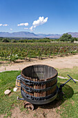 An old vintage wooden wine press at the Bodega and Finca las Nubes, a winery and vineyard near Cafayate, Argentina.