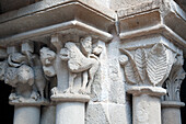 Barcelona, Spain, Sept 4 2008, Intricate stone capitals featuring expressive carvings adorn the columns of the historic Sant Pau del Campo monastery in Barcelona.