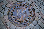 Ornate manhole cover in Prague