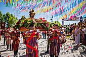 Religious procession finishing at São João Baptista Church during the Festival of Saint John of Sobrado, also known as Bugiada and Mouriscada de Sobrado, takes place in the form of a fight between Moors and Christians , locally known as Mourisqueiros and Bugios, Sao Joao de Sobrado, Portugal