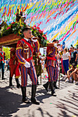 Religious procession finishing at São João Baptista Church during the Festival of Saint John of Sobrado, also known as Bugiada and Mouriscada de Sobrado, takes place in the form of a fight between Moors and Christians , locally known as Mourisqueiros and Bugios, Sao Joao de Sobrado, Portugal