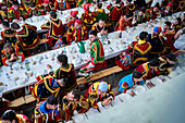 Traditional lunch at The Festival of Saint John of Sobrado, also known as Bugiada and Mouriscada de Sobrado, takes place in the form of a fight between Moors and Christians , locally known as Mourisqueiros and Bugios, Sao Joao de Sobrado, Portugal