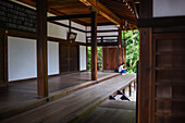 One woman relaxing at Tofukuji Temple in Kyoto, Japan