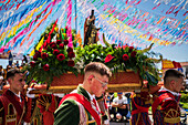 Religious procession finishing at São João Baptista Church during the Festival of Saint John of Sobrado, also known as Bugiada and Mouriscada de Sobrado, takes place in the form of a fight between Moors and Christians , locally known as Mourisqueiros and Bugios, Sao Joao de Sobrado, Portugal