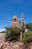 Adobe bell tower of the Santa Barbara church, built in 1600 in Humahuaca in the Quebrada de Humahuaca, Argentina.