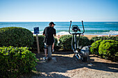 Static bikes in front of Grande Plage beach of Biarritz, France