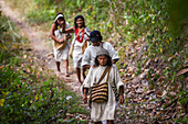 Kogi mamo (priest) and family walking through the forest.