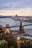 Parliament building, Chain Bridge and Danube River in Budapest, Hungary, Europe