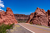 Route 68 through colorful eroded geologic formations in the Quebrada de Cafayate in the Calchaqui Valley of Argentina. Also called the Quebrada de las Conchas.