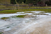 Frozen football field in La Panera. El Espinar, province of Segovia.