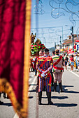 Religious procession finishing at São João Baptista Church during the Festival of Saint John of Sobrado, also known as Bugiada and Mouriscada de Sobrado, takes place in the form of a fight between Moors and Christians , locally known as Mourisqueiros and Bugios, Sao Joao de Sobrado, Portugal