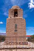 Adobe bell tower of the Santa Barbara church, built in 1600 in Humahuaca in the Quebrada de Humahuaca, Argentina.