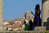 View of the tower of the cathedral from Los Cuatro Postes in the city of Ávila.