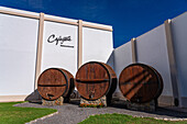 The Bodga Etchart winery in Cafayate, Argentina with large vintage wine casks.