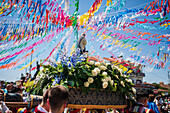 Religious procession finishing at São João Baptista Church during the Festival of Saint John of Sobrado, also known as Bugiada and Mouriscada de Sobrado, takes place in the form of a fight between Moors and Christians , locally known as Mourisqueiros and Bugios, Sao Joao de Sobrado, Portugal