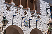 Detail of the Spanish & Moorish-style town hall or cabildo on Plaza Gomez in Humahuaca, Argentina.