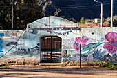 Wall art mural around the gate of the Santa Rosa Athletic Club in Purmamarca, Argentina.