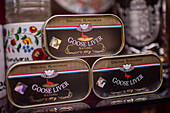 Original Hungarian Goose Liver cans in store display window